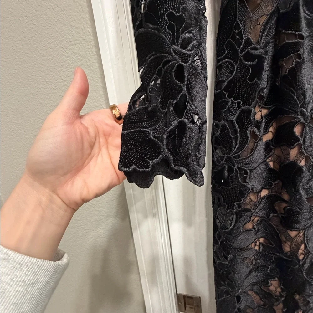 NADINE MERABI Black Floral Lace Long-Sleeve Midi Dress